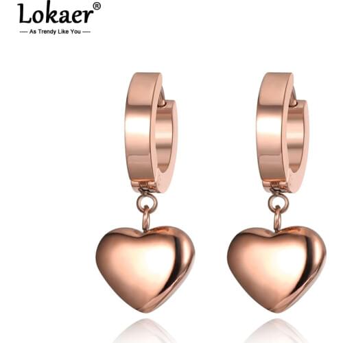 Lokaer Romantic Stainless Steel Love Heart Hoop Earrings Classic Rose Gold Wedding Earrings Jewelry For Women Kolczyki E19098