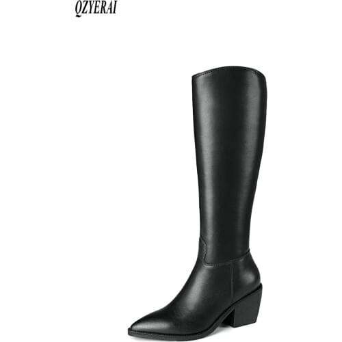 2021 Winter New style Genuine leather Knee high boots Women boots Motorcycle boots pointed Female boots warm Women shoes