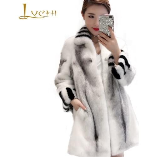 LVCHI 2019 Womens Cross Mink Coat Natural Fur Turn-Down Collar Mink Coat Medium Nine Quarter Loss Causal Imported Mink Fur Coat