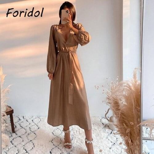 Foridol Casual Loose Khaki Autumn Winter Dress Robe Femme Sash Basic Ladies Midi Dress Lantern Sleeve Dress Vestido