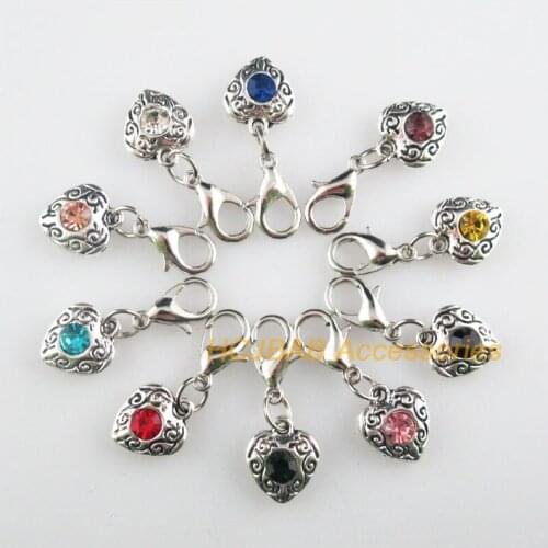 10 New Heart 10x11.5mm Charms Mixed Round Crystal Tibetan Silver Plated Retro With Lobster Claw Clasps
