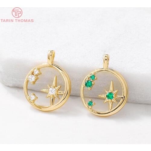 4PCS 9x12MM Hole 2MM24K Gold Color Brass Round Circle with Star Charms Pendants High Quality Diy Accessories Jewelry Findings