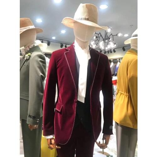 2021 Custom made Fashion velvet Red Wedding suits for men slim 2 piece set groom man party mens suit tuxedo Blazer Jacket pants