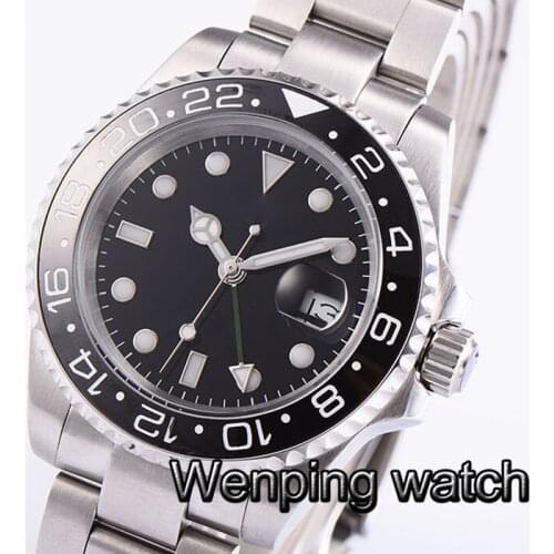 BLIGER Mens luxury watch 40mm Sapphire Glass black Ceramics bezel Olive Green GMT hands date window Automatic Mechanical