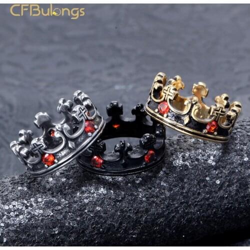 CFBulongs Classic Royal Crown Black Red Crystal Mens Ring Punk Hip Hop Rock Creative Boy Jewelry Halloween Gift