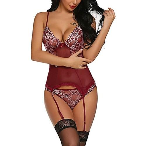 EIONAR Sexy Lingerie Women Embroidery Thin Transparent Lace Push up Bra Set Bra+Garters+Thong 3 Pieces Set See Through Underwear