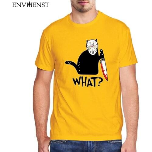 Funny Black Cat What T-Shirt Murderous Cat Holding Knife Jason Voorhees Harajuku Mens T Shirt Halloween Character Fans Gift