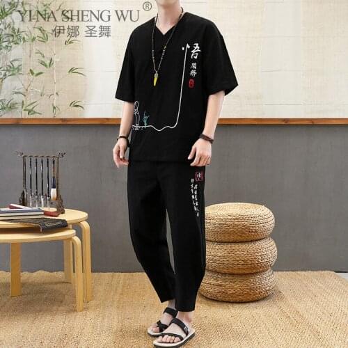 Japanese Linen T-Shirt Trousers Mens Summer New Japanese Mens Plus Size Kimonos Suit Japanese V-Neck Half Sleeve Retro Male