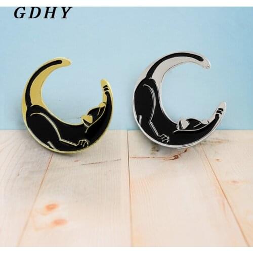 GDHY Punk Gold Silvery Lovely And Black Cat Moon Enamel Pins Lazy Black Cat Lapel Denim Shirt Collar Animal Friends Jewelry Gift