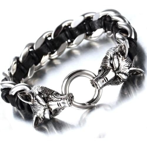 Granny Chic New punk jewelry stainless steel double wolf head buckle Genuine Leather braided mens bracelet