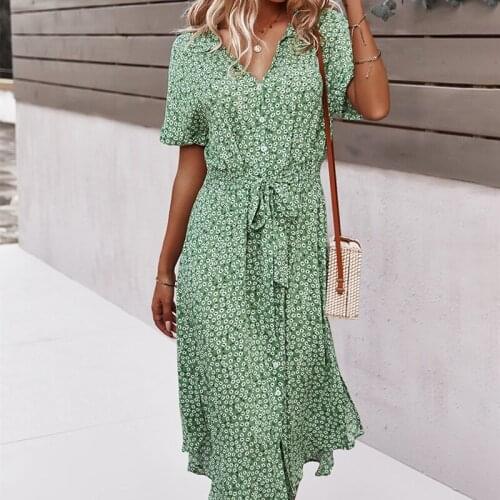 Hirigin 2021 New Beach Womens Button Down Midi Dress Short Sleeve Flower Floral Print Belted Loose Shirt Dresses Fashion Dress