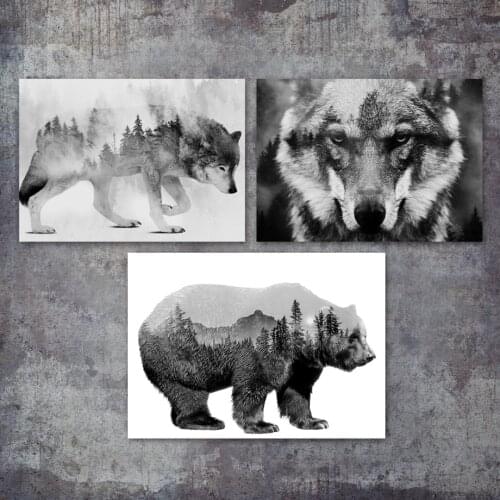 Nordic Style Canvas Modern Printed Bear Wolf Creative Landscape Poster Home Decor Painting Wall Art Picture Living Room Modular