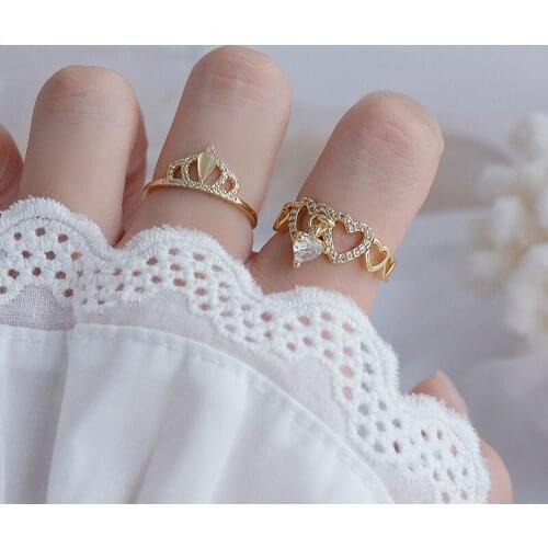 Delicate Jewelry 14K Real Gold Pierced Heart Adjustable Crystal Crown Rings for Women Luxury Engagement Rings