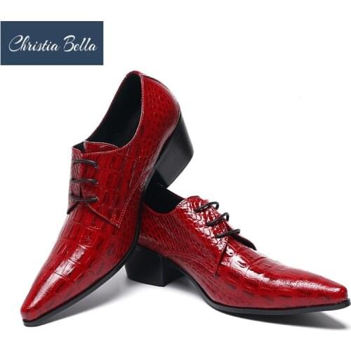 Christia Bella British Men Dress Shoes Red Pointed Toe Crocodile Pattern Leather Shoes Man Lace Up Stylish Wedding Shoes 38-47
