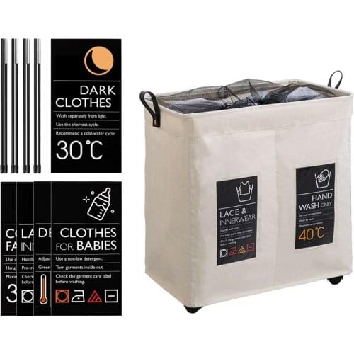 Rolling Slim Laundry Basket 2 Compartments with Wheels and Handle Oxford Cloth Laundry Hamper Mesh Drawstring Clothes Organizer