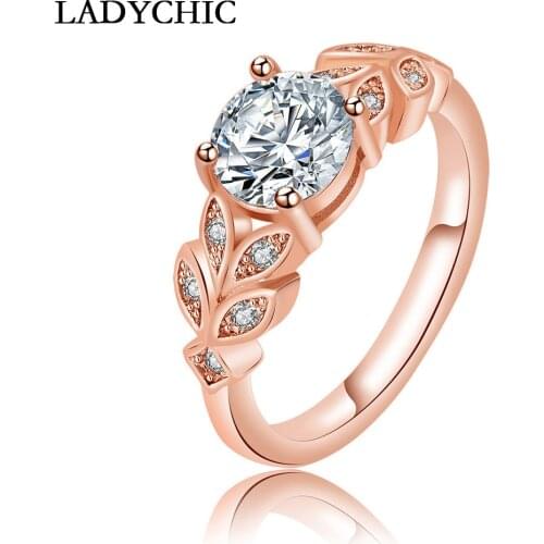 LADYCHIC High Quality Rose & White Gold Color Crystal Wedding Rings Trendy Elegant Leaf Flower Design Women Jewelry Gifts LR1080