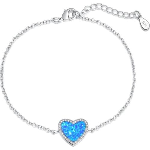 925 Sterling Silver Blue White Fire Opal Bracelet For Women Girls White Crystal Heart Love Shape Hand Chain Gift