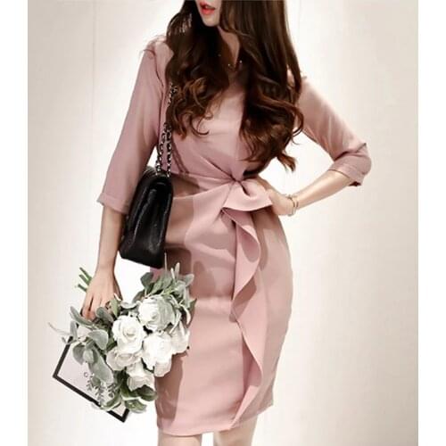 2019 Spring Solid Bandage Ruched Draped Pencil Dress Casual Sweet Mini Dresses OL Ruffles Sheath Bodycon work Vestidos