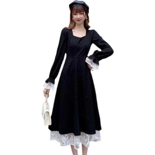 New spring long sleeve dress japan style women solid black dress