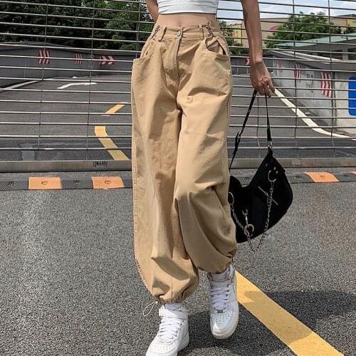 Solid Baggy Khaki Harem Pants Women 2021 Loose Trousers Adjustable Buckle High Waist Black Sweatpants Capris Streetwear RV47