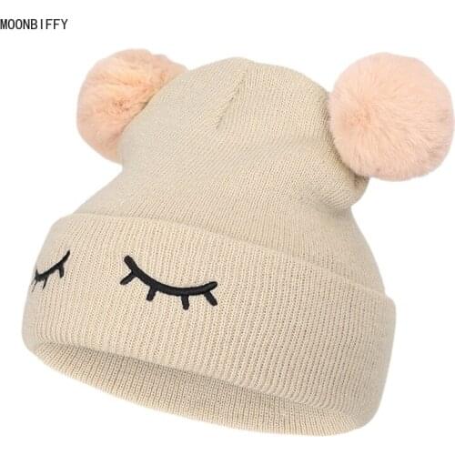 Autumn and Winter Childrens Woolen Hat Winking Bear Embroidery Double Hair Ball Men and Women Baby Infant Child Warm Hood