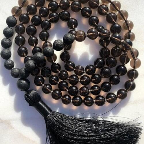 8mm Black Stone Knotted Japa Mala Necklace Men 108 Prayer Beads 8mm Lava & Smokey Q-uartz Mala Beads Necklace With Black Tassel