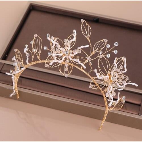 Handmade Flower Rhinestone Hairbands Gold Colors Headbands Crystal Leaf Crowns Women Hair Jewelry Wedding Bride Hair Accessories