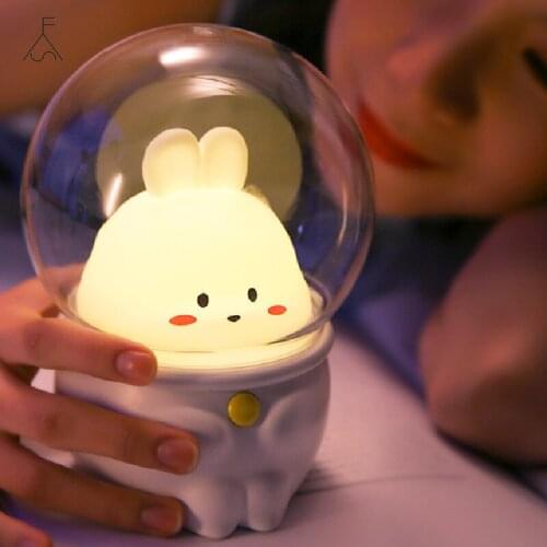 LED Night Light Space Capsule Cute Cat Rabbit Lamp Kawaii for Kid Baby Children Bedroom Bedside Decor Light Soft Warm Gift Lamps