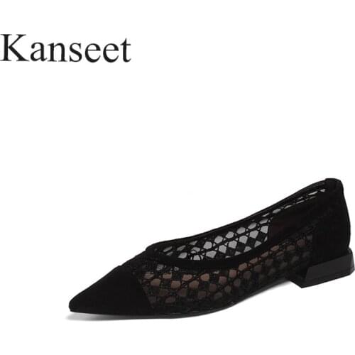 Kanseet Fashion Design Mesh 2021 Summer Women Pumps Low Heels Shoes Black Pointed Toe Thick Heels Shoes Daily Comfort Footwear