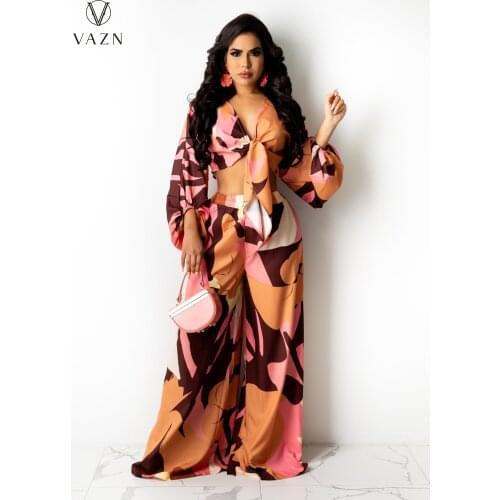 VAZN 2021 Full Sleeve Print Deep V-neck High Street Sexy Young High Waist Long Pant Skinny Women 2 Piece Set