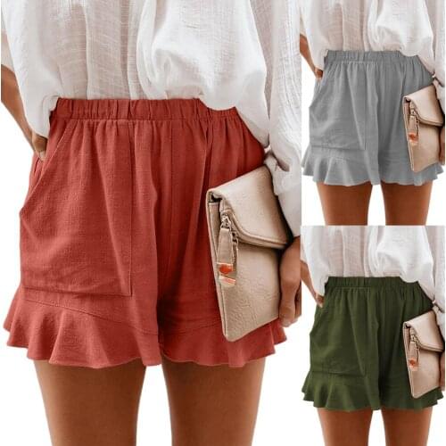 2020 Summer Short Pants Women Casual Solid Color High Waist Shorts Ruffled Hem Pockets Loose Hot Pants Party Shorts