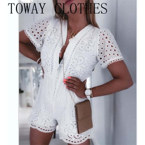 Summer Women Eyelet Embroidery Short Sleeve Romper Plunge Daily Plain Hollow Out One Piece Overalls