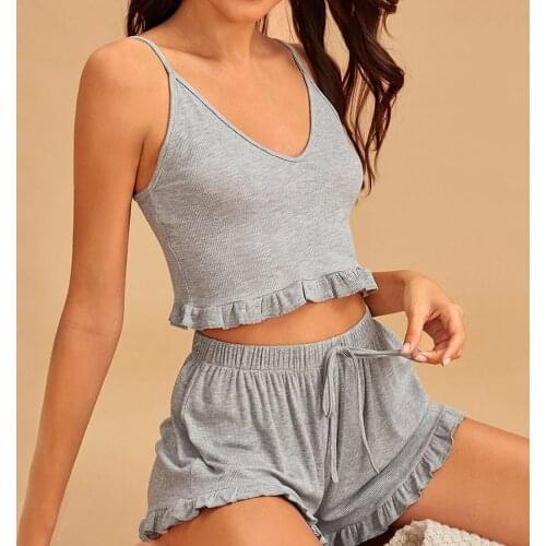 Solid Ruffles Patchwork Casual Two Piece Set Home Suit For Women Spaghetti Strap Top And Drawstring Bandage Short Lounge Wear