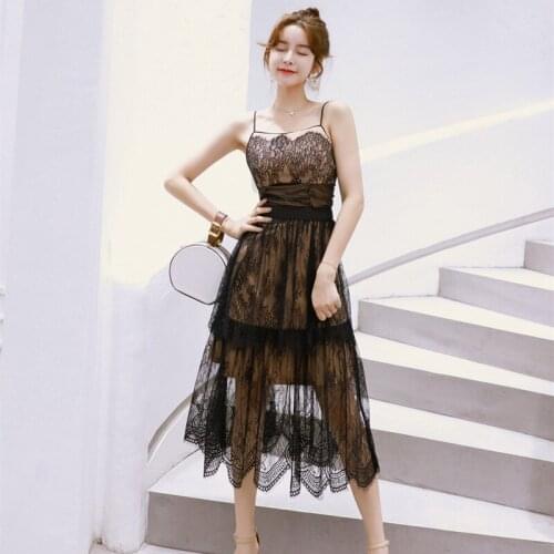 2021 Summer A-Line Lace Dress Vintage Sexy Party Dresses Women Black Sleeveless Spaghetti Strap Strapless Midi Dress Vestidos