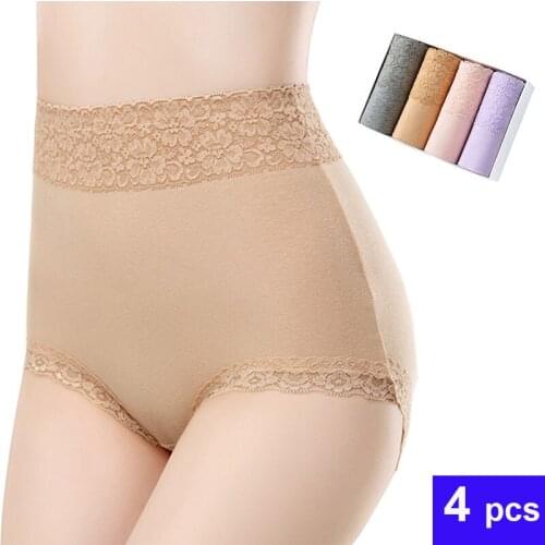 4pcs/Lot Women Lace Sexy Panties Cotton Underwear Female Briefs Gilrs Abdomen Breathable Solid Color Underpant High Waist