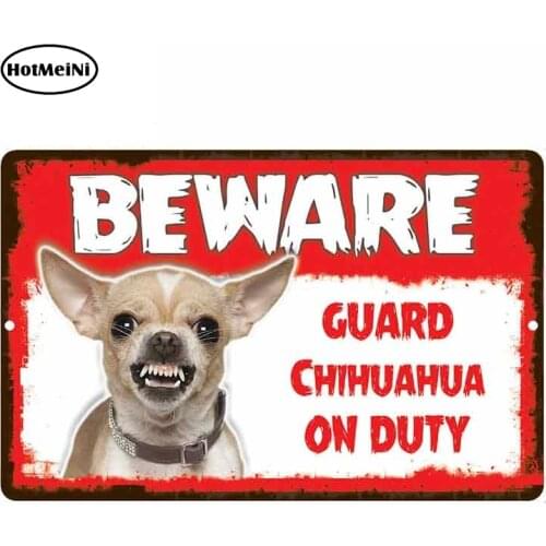 HotMeiNi 13cm x 8.5cm Car Sticker Beware Guard Chihuahua Dog On Duty Novelty Aluminum Metal Sign Car Styling