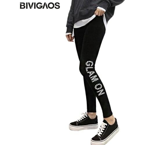 BIVIGAOS Autumn New Korean Women Side Letter Printed Black Leggings Cotton Elastic Casual Legging Pencil Pants Workout Leggings