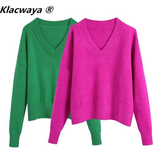 Klacwaya 2021 Women Fashion Soft Touch Loose Knitted Sweater Vintage V Neck Long Sleeve Female Stretchy Pullovers Chic Top