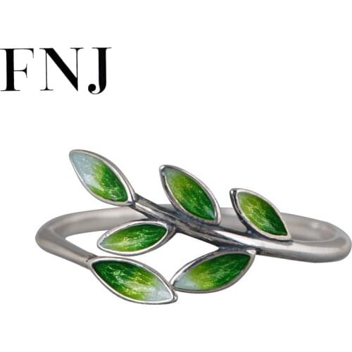 FNJ 925 Silver enameling Green Leaf Ring Original S925 Sterling Silver Rings for Women Jewelry Open Adjustable Size