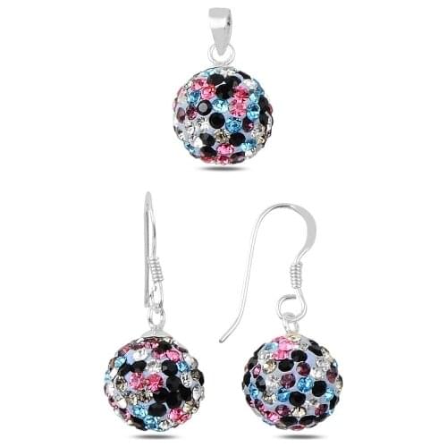 Kutaydan Karşık Color Zircon Stone Dangle Ball 925 Sterling Silver Set Made in Turkey