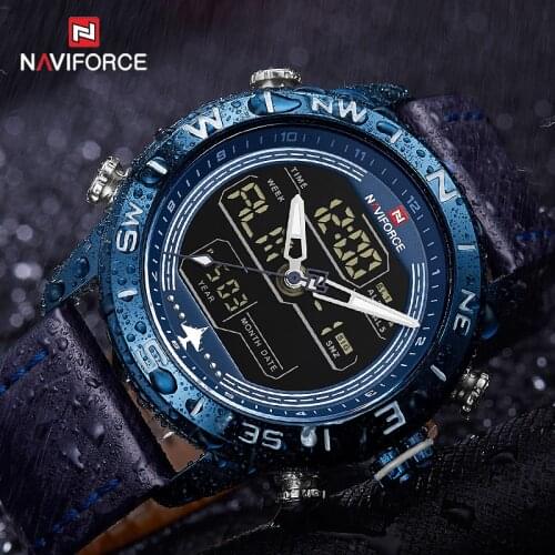 NAVIFORCE 9144 Fashion Men Blue Leather Sport Watches Mens LED Analog Digital Watch Army Military Quartz Watch Relogio Masculino