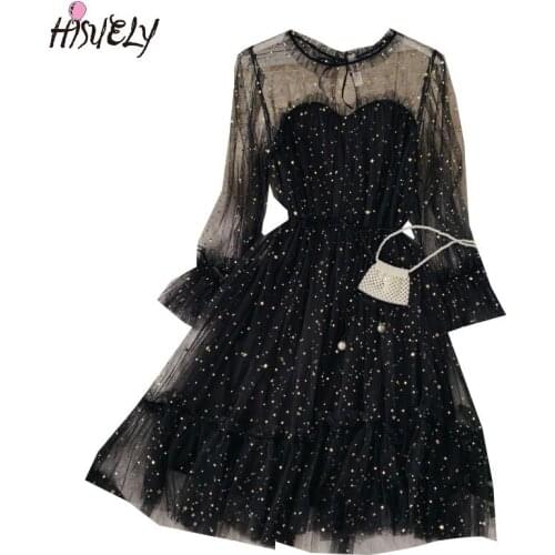 2021 Summer New Womens Chic Sequins Gauze Lace-up Bling Fairy Dress Female Elegant O-neck Mesh A-line Dresses Party Vintage