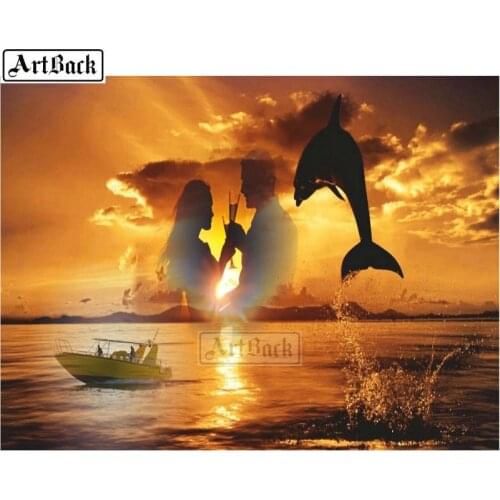 New 5d diy diamond painting dolphin sunset scenery full square round resin drill mosaic rhinestone 3d stick diamond embroidery