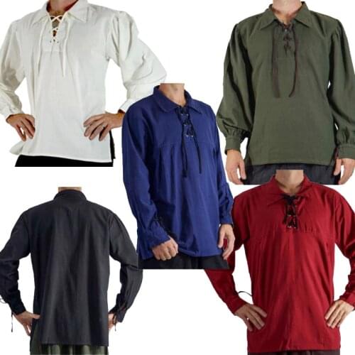 2018 Adult Men Medieval Renaissance Grooms Pirate tunic top Larp Costume lace up Shirt Middle Age Viking Cosplay Top
