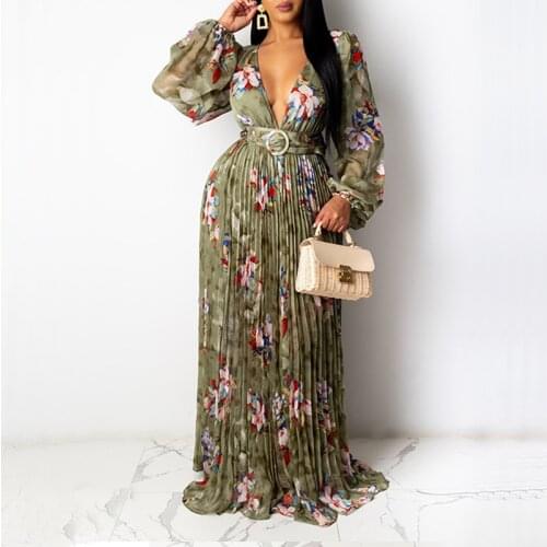 Womens V Neck Spring Pleated Dress Vintage Floral Print Long Dress Female Casual Loose Elegant Chic Party Club Beach Vestidos