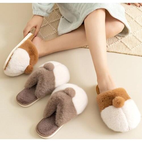 Family Cartoon Home Slippers Childrens Cute Corgi Winter Slides Women and Mens Plush Indoor Warm Slippers Soft Bedroom Shoes