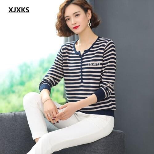 XJXKS High-end wool knitted sweater women pullover 2021 spring autumn new fashion striped women thin sweater