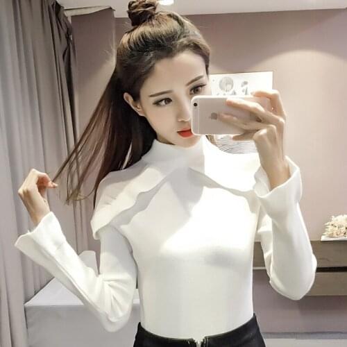Off Shoulder Women Spring Autumn Style Knitted Sweater Pullovers Lady Casual Solid Color Stand Collar Pullovers Tops ZZ1020