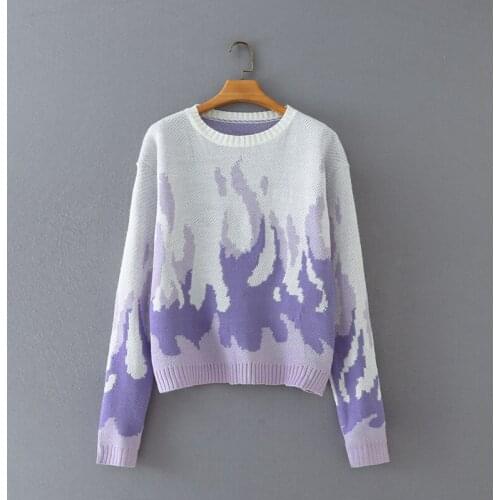 ZXQJ Women 2021 Fashion Purple Flame Jacquard Knitted Sweater Vintage O Neck Long Sleeve Female Pullovers Chic Tops