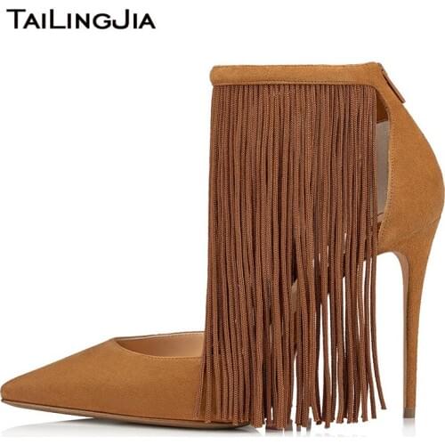 Stylish High Heel Tassel Pumps Women Black Fringe Heels 2020 New Ladies Brown Pointed Toe Heeled Party Shoes Large Size Footwear